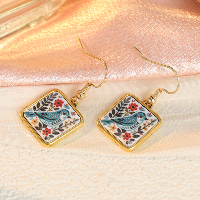 Ladies' Square Printed Earrings with Blue Bird & Red Flower Design